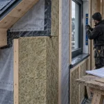 Isolation maison neuve : isolant et ruban d’étanchéité à l’air sur chantier