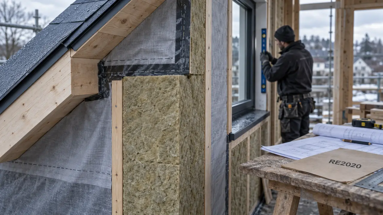 Isolation maison neuve : isolant et ruban d’étanchéité à l’air sur chantier
