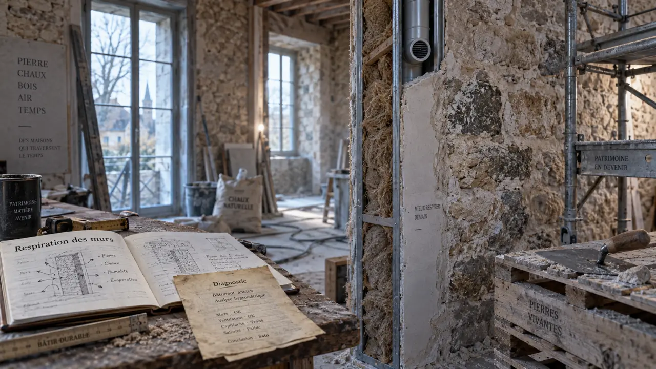 Rénovation maison en pierre : traces d’humidité sur un mur en pierres traitées