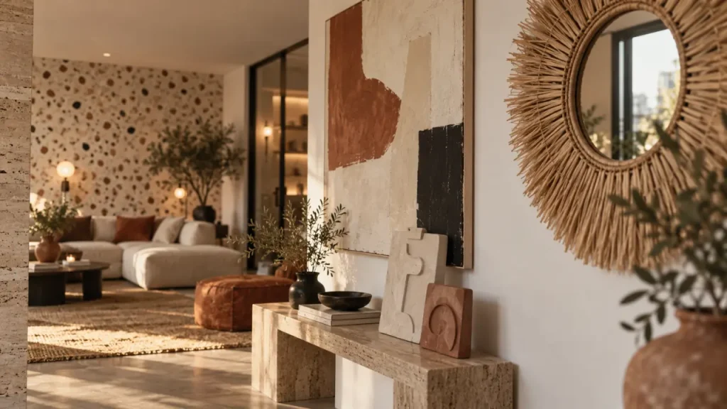 Decoration mural tendance : miroir XXL en rotin sur mur galerie, matières naturelles