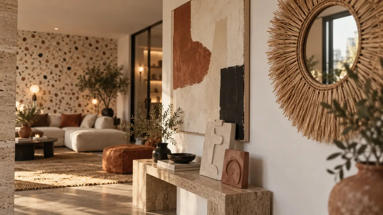 Decoration mural tendance : miroir XXL en rotin sur mur galerie, matières naturelles