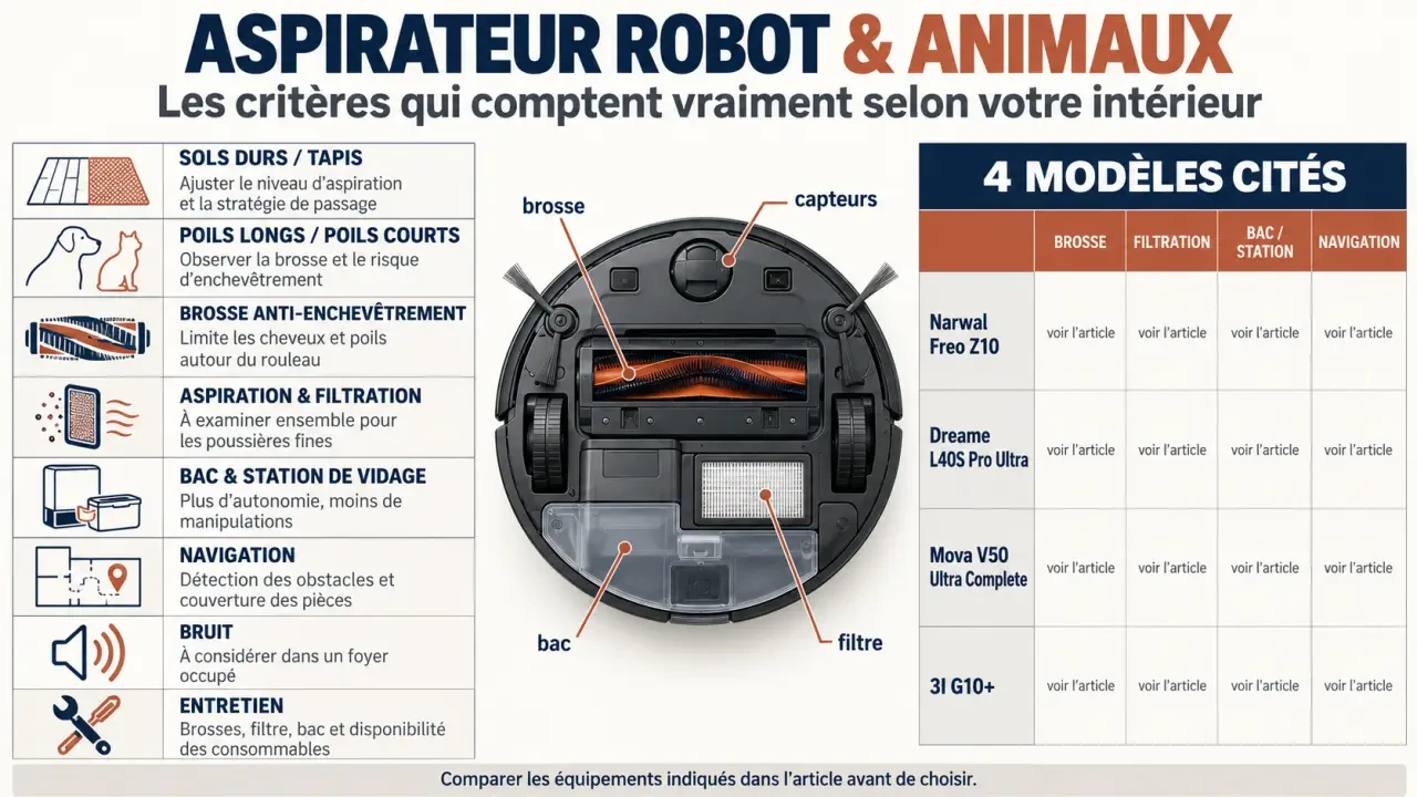 Infographie comparative des critères d’un aspirateur robot special animaux pour les poils de chien et de chat