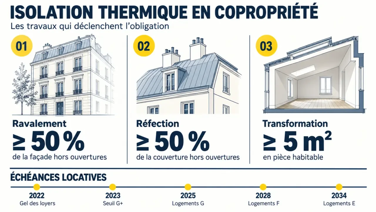Obligation isolation thermique copropriété : seuils de 50 % et 5 m² et échéances de location