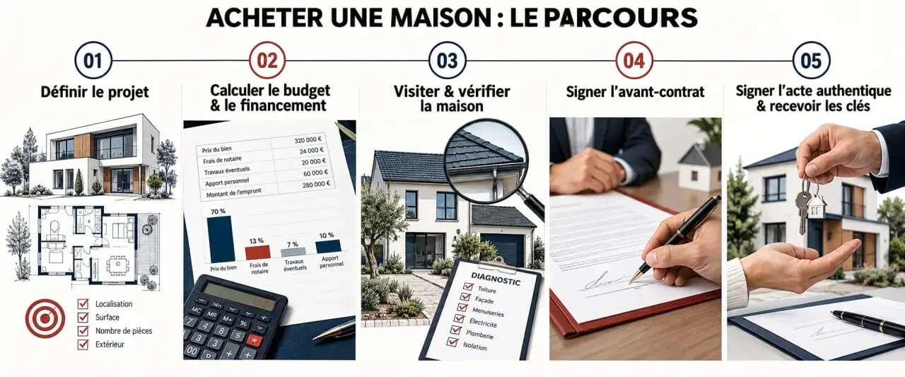 Infographie des étapes achat maison, du budget à la remise des clés