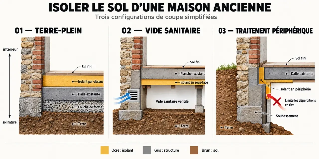 Schéma des solutions d’isolation sol maison ancienne par-dessus, par-dessous et en périphérie