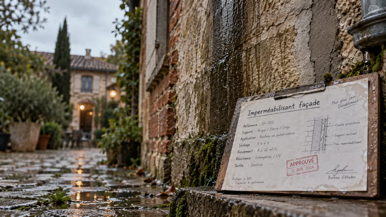 Imperméabilisant facade : mur en brique après pluie avec traces d’humidité