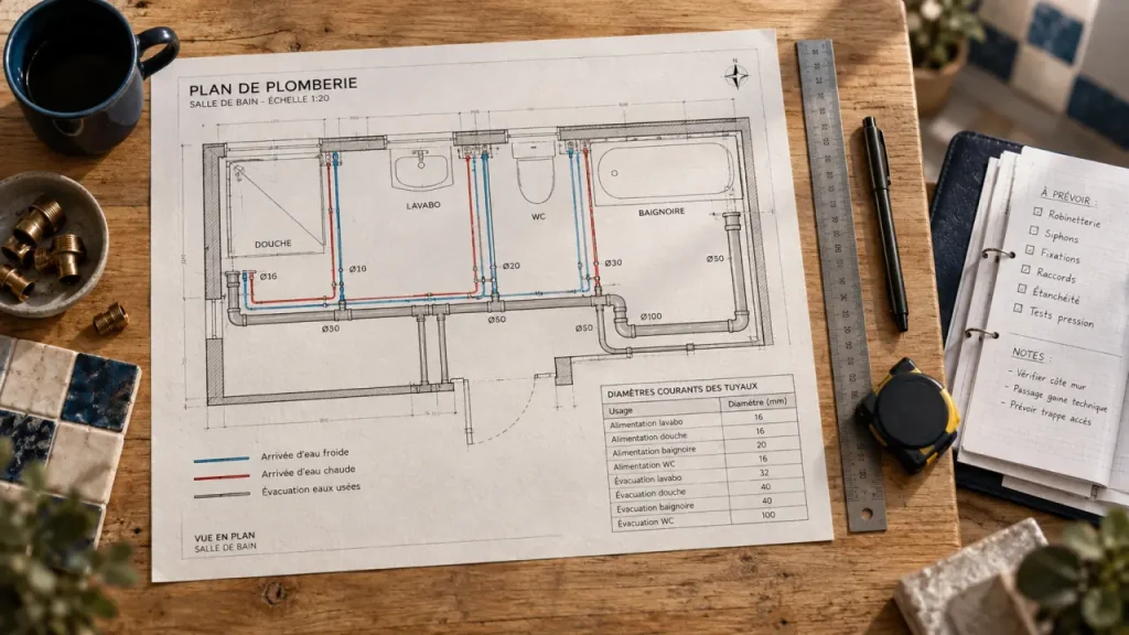 Schema plomberie : plan débit et évacuations, entretien