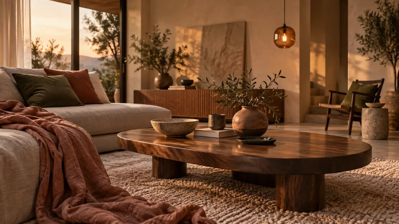 Tendance déco maison 2026 : salon chaleureux sans alourdir, bois noyer, verre ambré